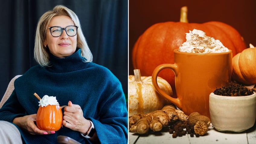 A woman enjoys a cup of a pumpkin spice-flavored beverage. Pumpkin spice is a common ingredient in coffees during the fall season.