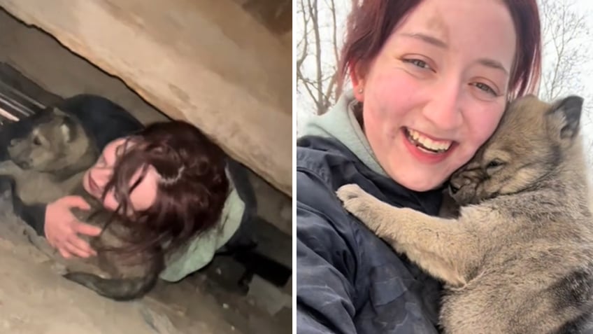 Split image of woman under house and woman holding dog