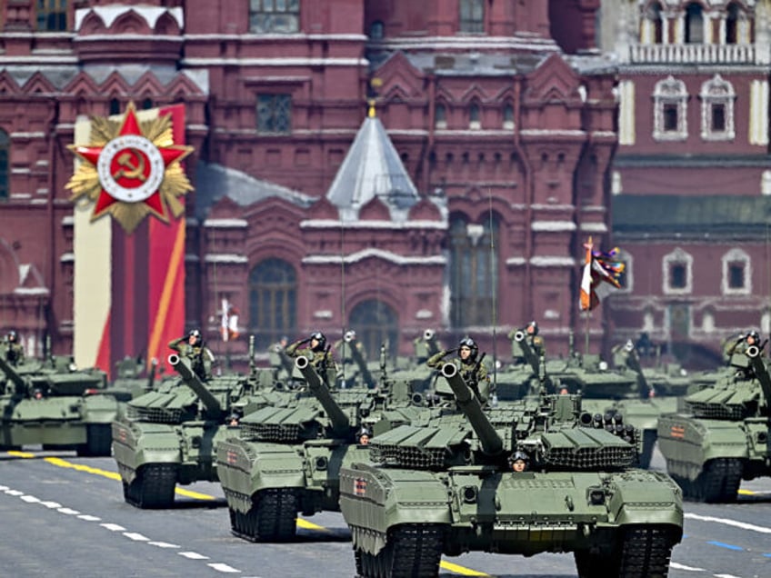 MOSCOW, RUSSIA - MAY 9: Military tanks are seen during parade as part of the celebrations