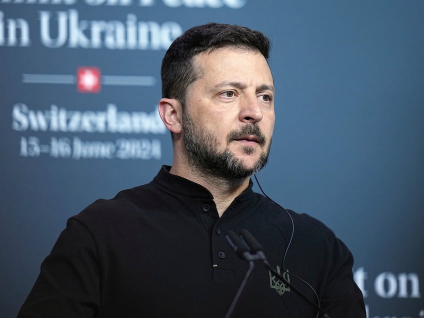 Ukraine's President Volodymyr Zelenskyy attends a news conference as part of the Ukraine peace summit in Obbürgen, Switzerland, Saturday, June 15, 2024. Switzerland is hosting scores of world leaders this weekend to try to map out the first steps toward peace in Ukraine. (AP Photo/Laurent Cipriani)