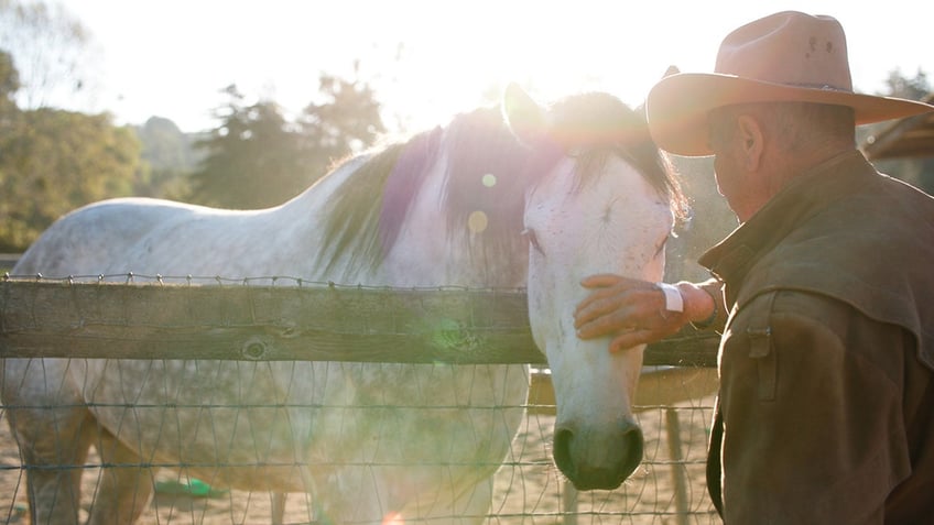 Monty Roberts caressing the head of a white horse.