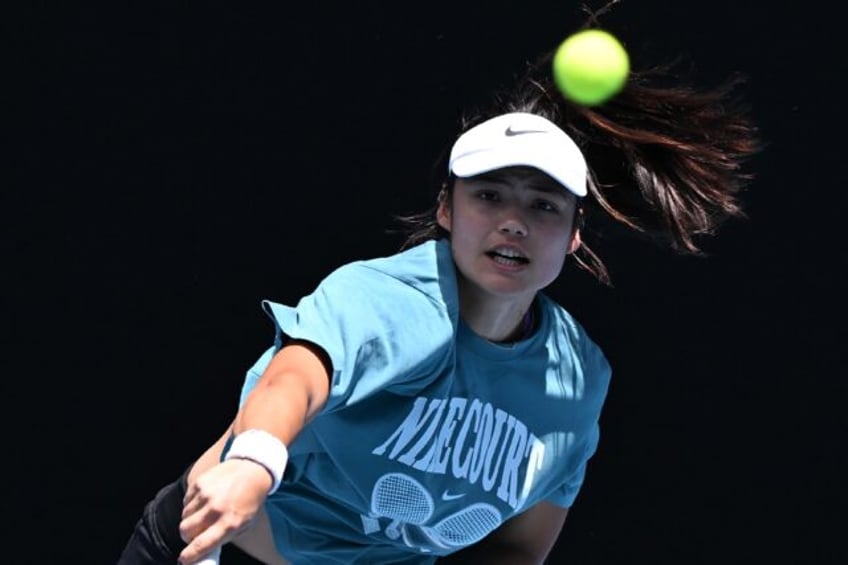 Britain's Emma Raducanu serves during a practice session ahead of the Australian Open