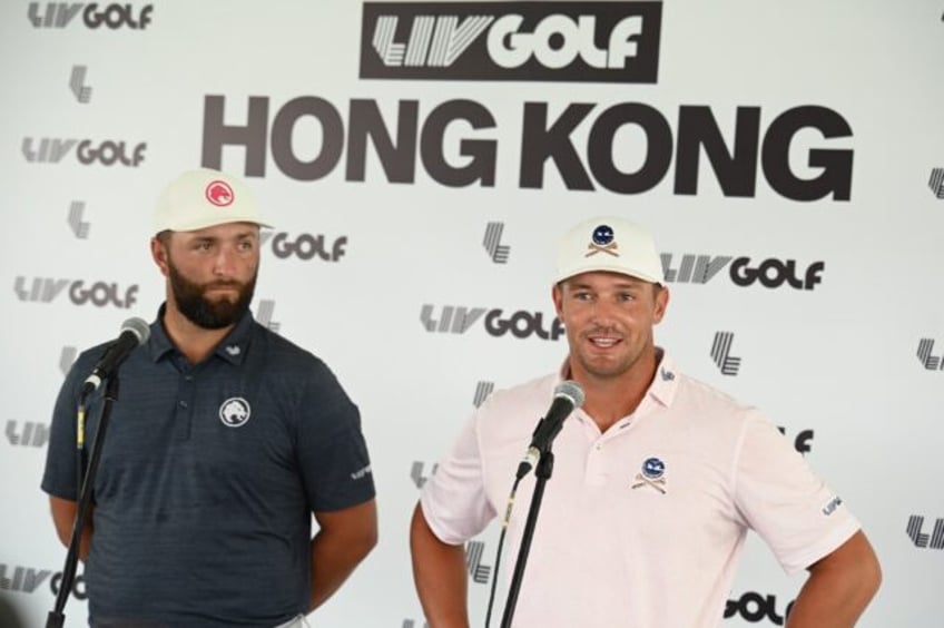 Jon Rahm (left) and Bryson DeChambeau talk to reporters ahead of LIV Hong Kong which begin