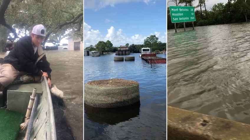 cows, hay bales, equipment submerged in flood