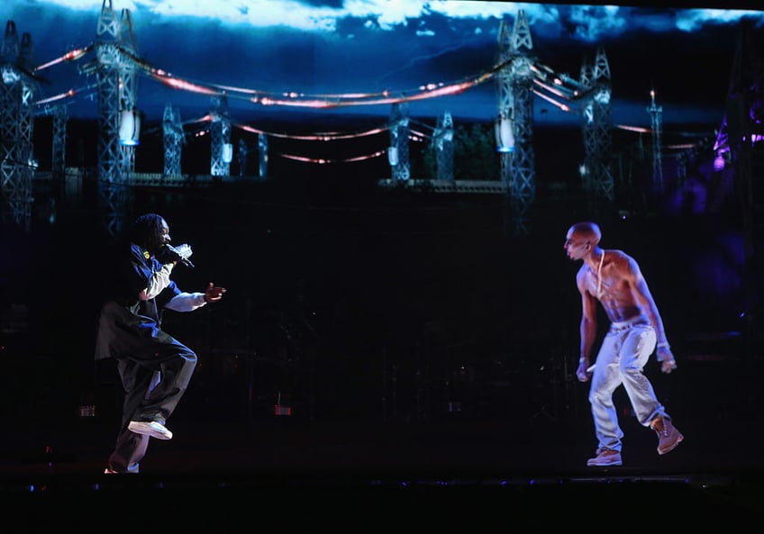 Rapper Snoop Dogg (L) and a hologram of deceased rapper Tupac Shakur perform onstage during day 3 of the 2012 Coachella Valley Music & Arts Festival at the Empire Polo Field on April 15, 2012 in Indio, California. (Photo by Christopher Polk/Getty Images for Coachella)