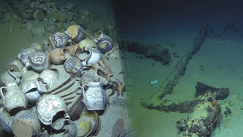 Split image of pottery, anchor
