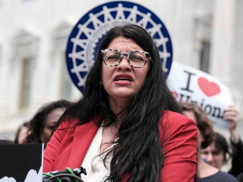 WASHINGTON, DC - MAY 23: Rep. Rashida Tlaib (D-MI) and university employees speaks to the