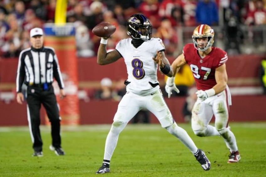 Baltimore quarterback Lamar Jackson attempts a pass in the Ravens' NFL victory over the San Francisco 49ers