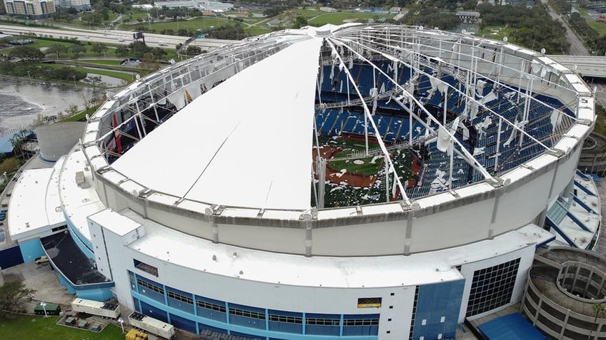 A drone image shows the dome of Tropicana Field which has been torn open due to Hurricane Milton