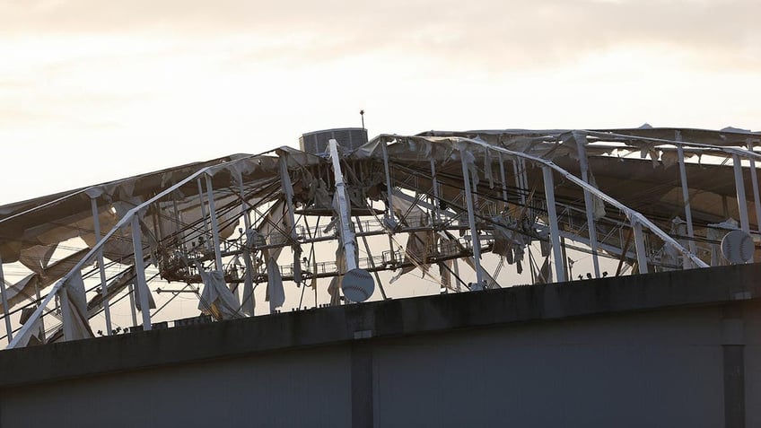 View of the damaged roof of Tropicana Field stadium, the home of Major League Baseball's Tampa Bay Rays