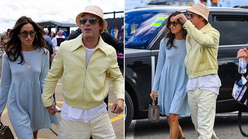 Side by side photos of Brad Pitt and Ines de Ramon walking together