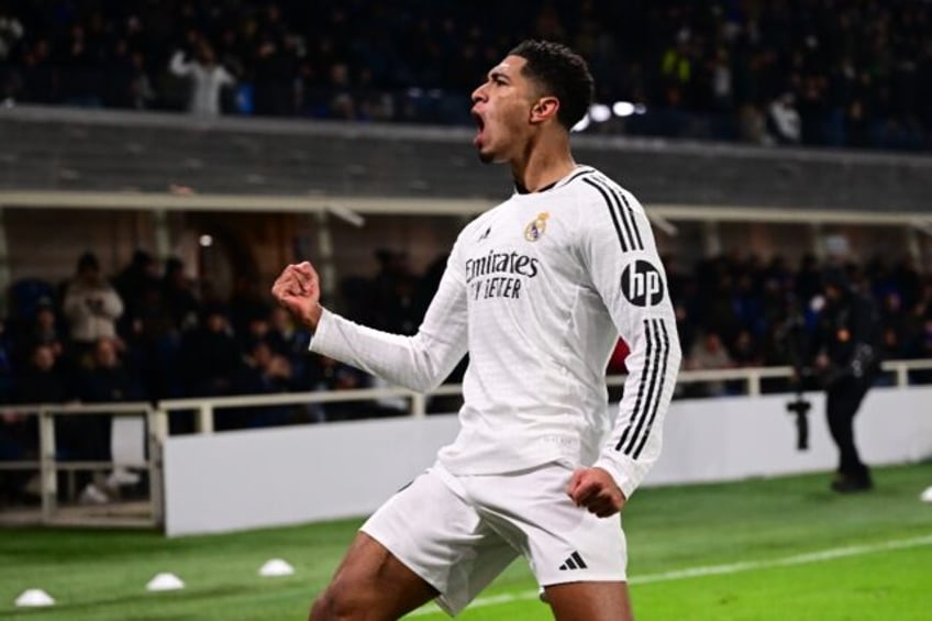 Jude Bellingham celebrates scoring Real Madrid's crucial third goal at Atalanta