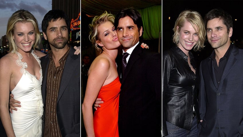 Rebecca Romijn in a white dress and John Stamos on the carpet split Rebecca Romijn kisses John Stamos playfully in a red dress on the carpet split Rebecca Romijn and John Stamos on the carpet, both in black