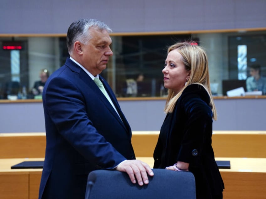 BRUSSELS, BELGIUM - MARCH 23: (L-R) Giorgia Meloni Prime Minister of Italy and Viktor Orba