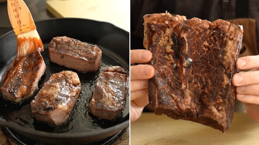 Adam Witt uses steak short ribs with a teriyaki sauce as a substitute for canned lunch meat in his musubi recipe.