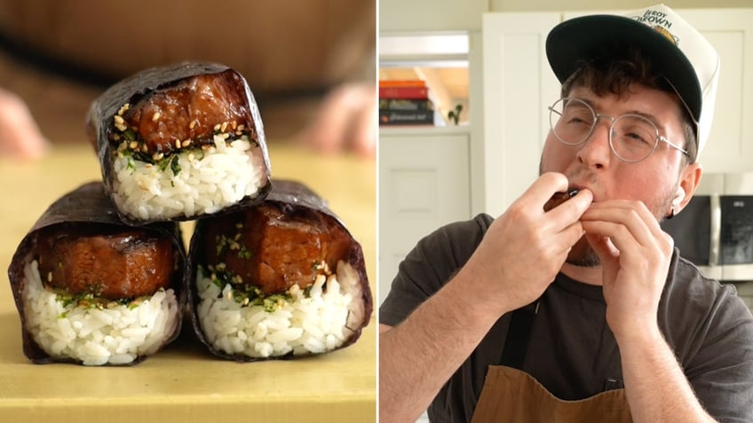 Adam Witt, right, is seen enjoying his teriyaki short rib musubi.