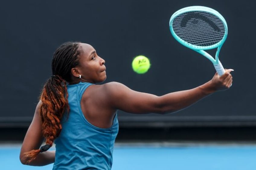 Coco Gauff hits a return during a training session ahead of the Australian Open