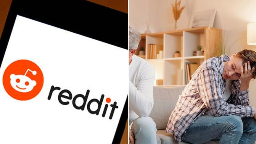 Reddit logo on a phone split with an image of a son looking aghast on a couch.