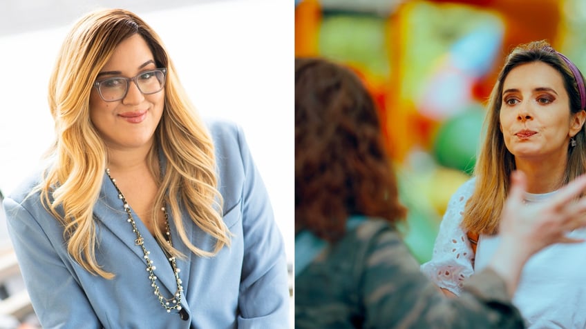 Image of Nicole Moore, a blonde woman wearing a blue blazer and glasses, split with an image of two women fighting.