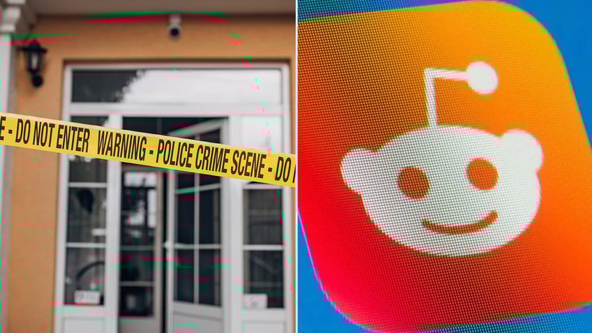 caution tape in front of a home split with the Reddit logo