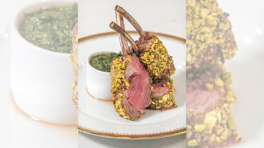 This pistachio chive-crusted rack of lamb with mint sauce is featured in the cookbook "Katherine Wants, Randy Cooks: The Ultimate Date Night Cookbook."