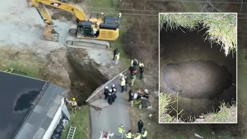 Split image of aerial of sinkhole, sinkhole close-up