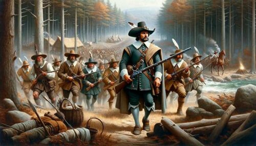 Miles Standish and the Pilgrim Militia (via ChatGPT4o). 