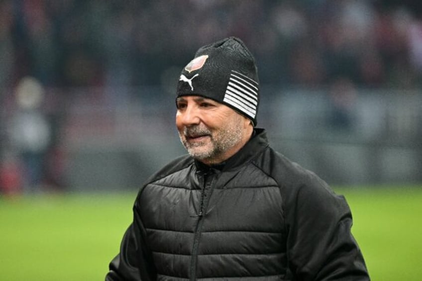 Jorge Sampaoli looks on during the big win for his new club Rennes against Saint-Etienne o