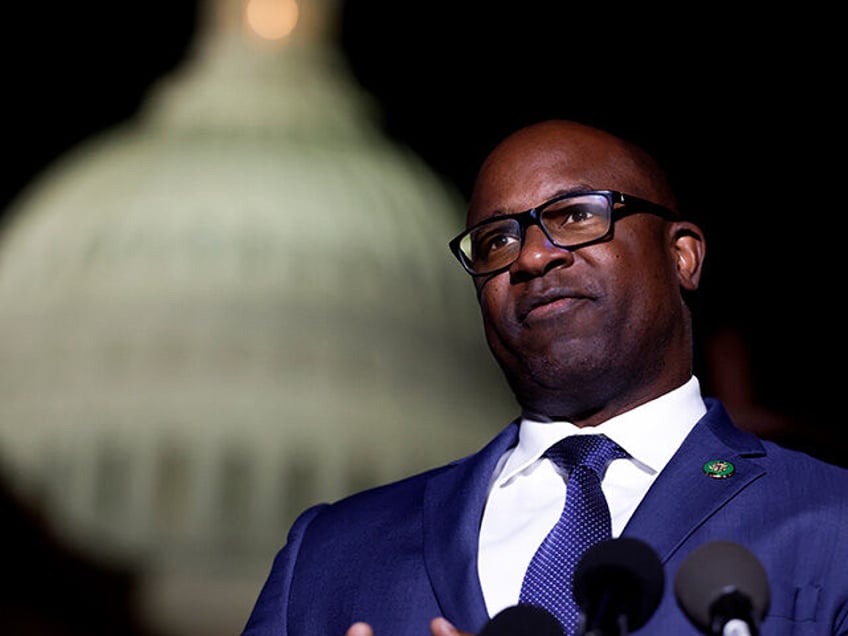 Rep. Jamaal Bowman (D-NY) speaks at a news conference calling for a ceasefire in Gaza outside the U.S. Capitol building on November 13, 2023 in Washington, DC. House Democrats held the news conference alongside rabbis with the activist group Jewish Voices for Peace. (Photo by Anna Moneymaker/Getty Images)