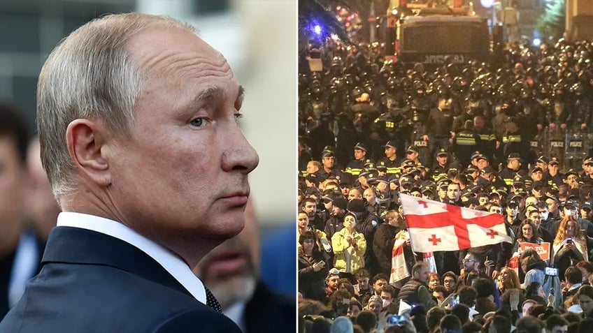 split photo of Russian President Vladimir Putin, mass protest