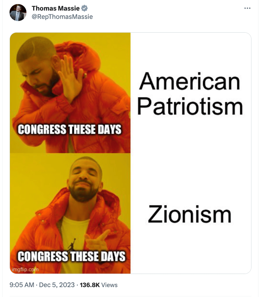 rep thomas massie posts antisemitic meme claiming congress chooses zionism over american patriotism