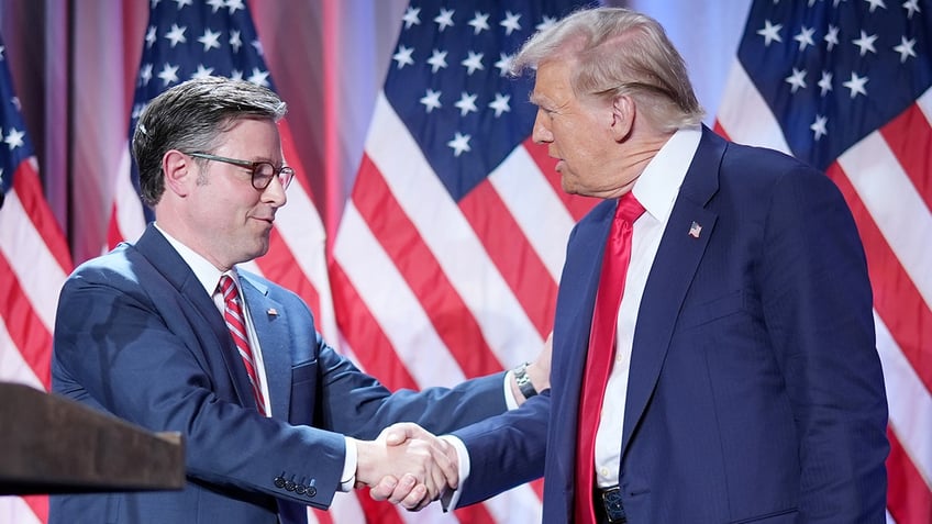 House Speaker Mike Johnson and President-elect Donald Trump shake hands