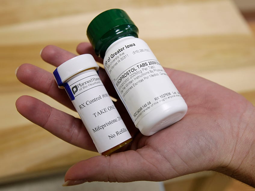 Bottles of abortion pills mifepristone, left, and misoprostol, right, at a clinic in Des M