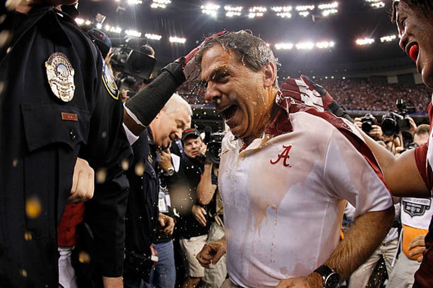 Head coach Nick Saban of the Alabama Crimson Tide is doused with Gatorade after defeating the Louisiana State University Tigers in the 2012 Allstate...