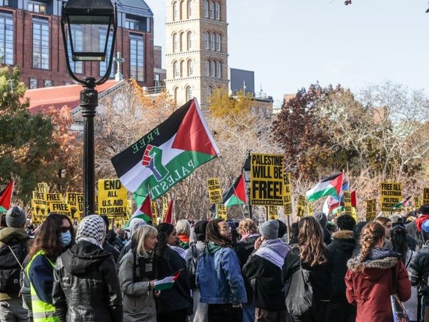 Thousands of Pro-Palestinian demonstrators hold banners and Palestinian flags as they take over New York City Streets after gathering at Washington Square Park on Black Friday in New York on November 24, 2023. They demand for a permanent end of Israeli occupation of Gaza and protest Black Friday and boycott …