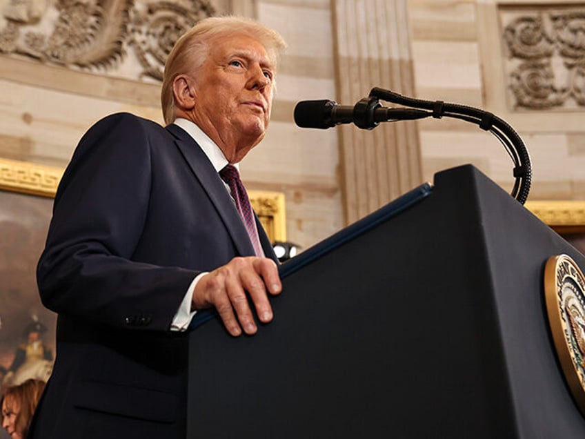 President Donald Trump speaks during the 60th Presidential Inauguration in the Rotunda of