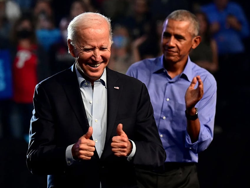 PHILADELPHIA, PA - NOVEMBER 05: President Joe Biden (L) and former U.S. President Barack Obama (R) rally for Pennsylvania Democratic Senate nominee John Fetterman and Democratic gubernatorial nominee Josh Shapiro at the Liacouras Center on November 5, 2022 in Philadelphia, Pennsylvania. Fetterman will face Republican nominee Dr. Mehmet Oz as Shapiro faces Republican Doug Mastriano on November 8 in the midterm general election. (Photo by Mark Makela/Getty Images)