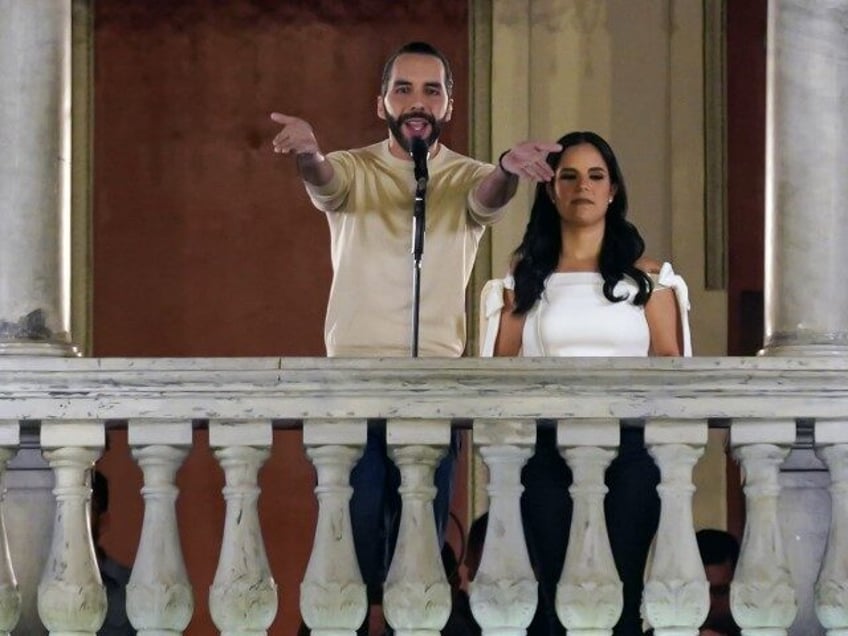 Nayib Bukele, El Salvador's president, left, speaks following the presidential election in San Salvador, El Salvador, on Sunday, Feb. 4, 2024. Bukele was on track for one of the biggest landslides in recent world history as a partial count showed El Salvador voters backing his draconian anti-gang policies and awarding …