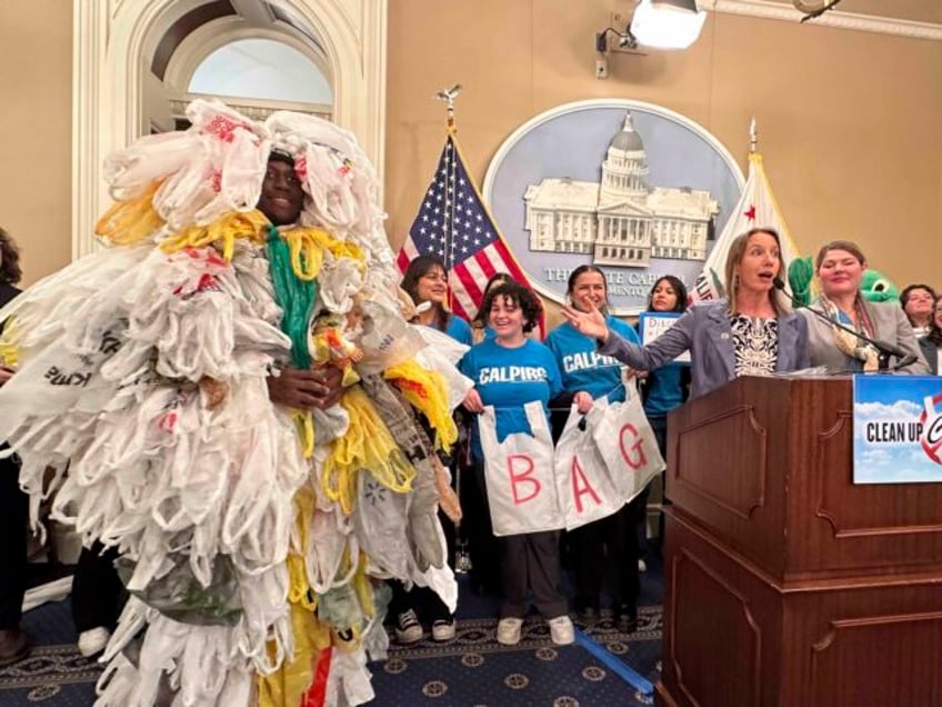 California Democratic state Sen. Catherine Blakespear gestures toward a person covered in