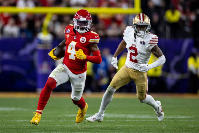 Rashee Rice of the Kansas City Chiefs runs with the ball during the NFL Super Bowl 58 football game between the San Francisco 49ers and the Kansas...