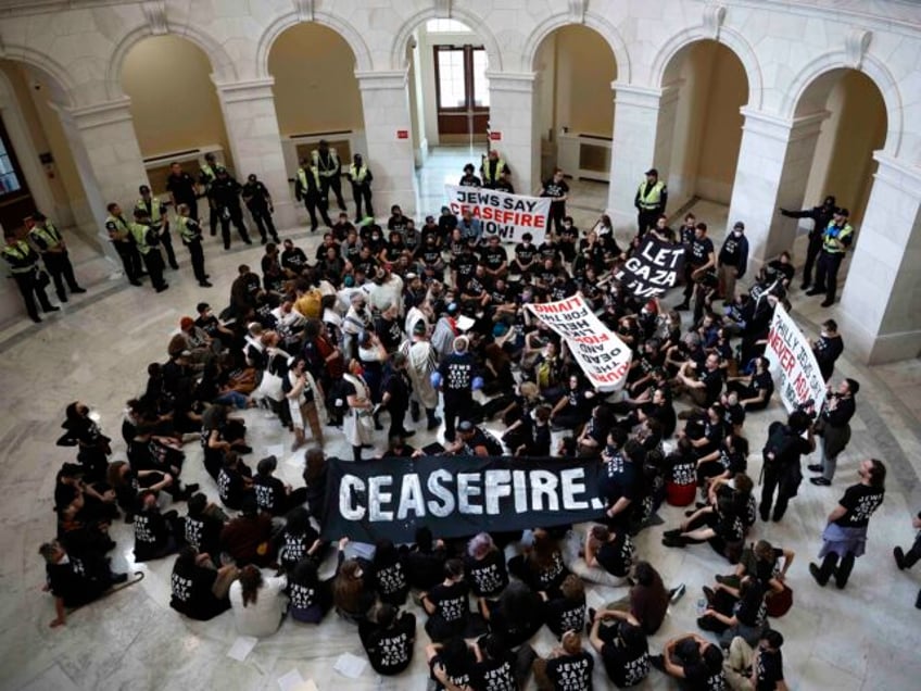 WASHINGTON, DC - OCTOBER 18: Demonstrators hold a rally demanding a cease fire in Gaza in