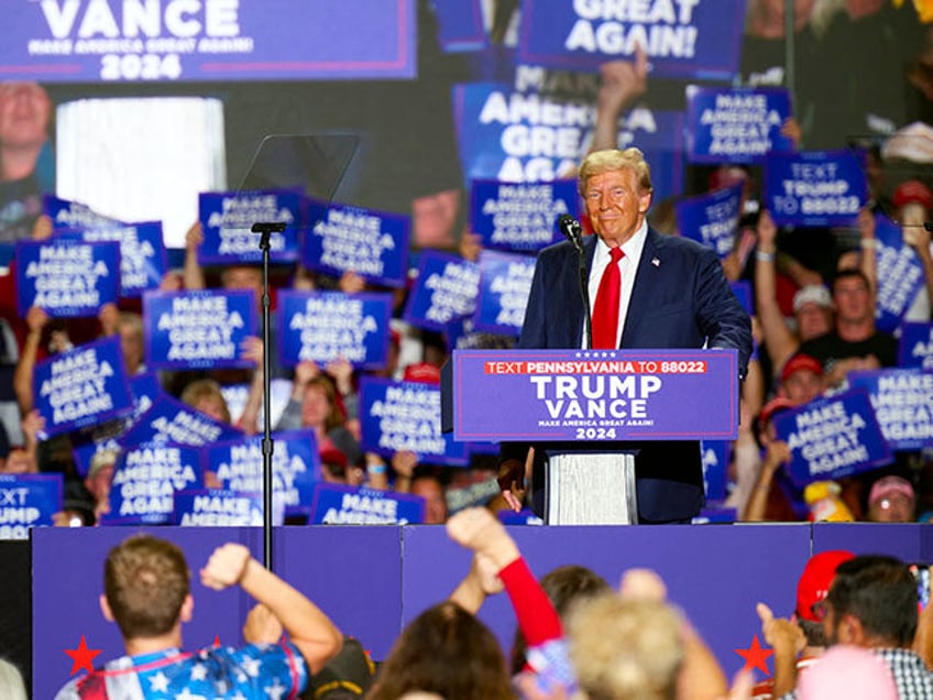 Former US President and Republican presidential candidate Donald Trump speaks during a cam