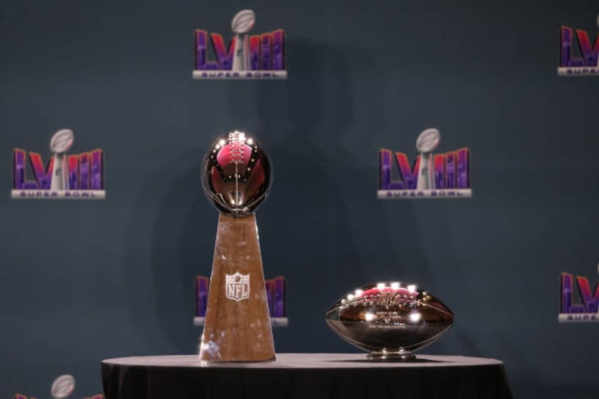 General view of the Vince Lombardi Trophy and the Super Bowl LVIII Most Valuable Player award during the Super Bowl LVIII Chiefs Press Conference on...