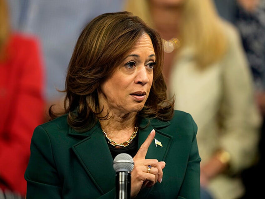 Democratic presidential nominee Vice President Kamala Harris speaks during a town hall at