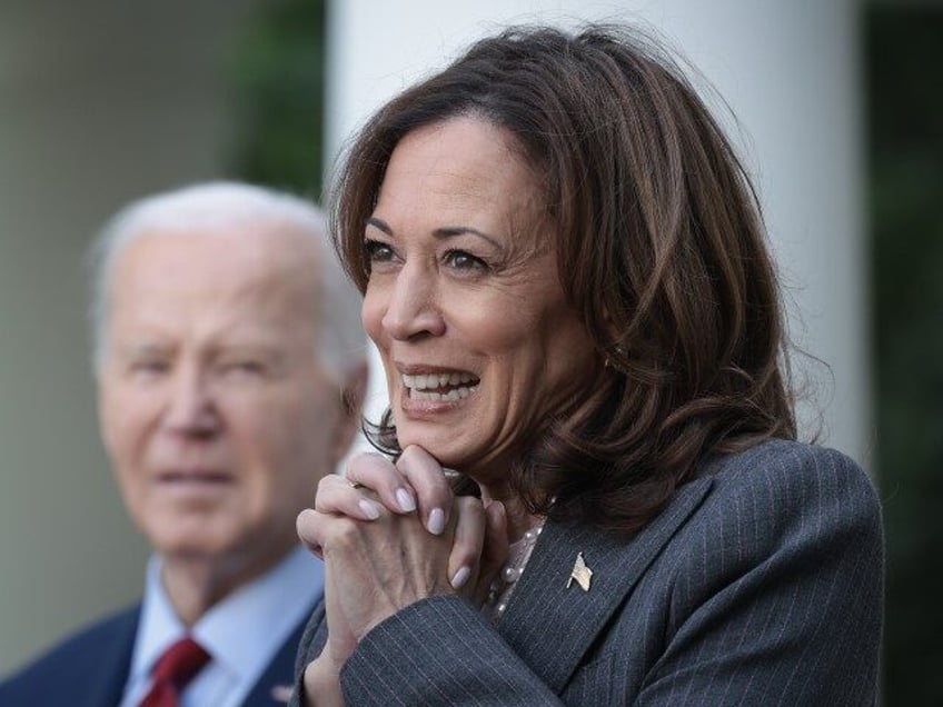 U.S. Vice president Kamala Harris speaks during an event with U.S. President Joe Biden cel