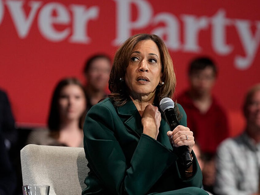 Democratic presidential nominee Vice President Kamala Harris speaks during a town hall at