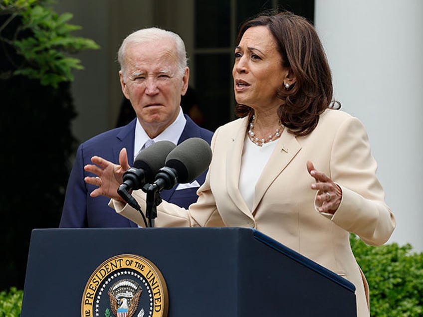 U.S. Vice President Kamala Harris delivers remarks with President Joe Biden during an even