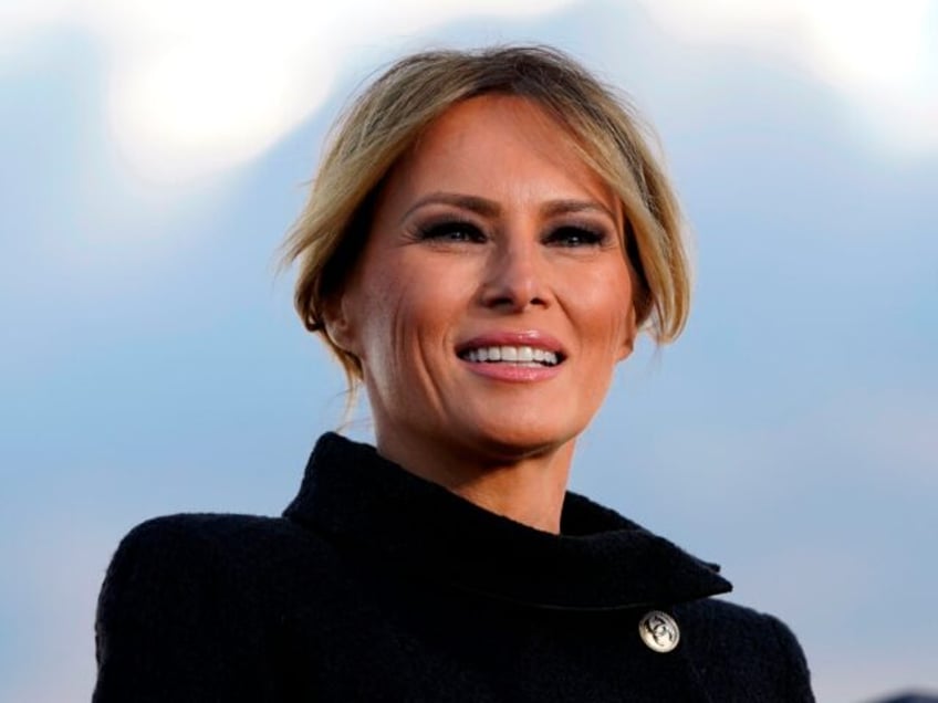 US First Lady Melania Trump speaks before boarding Air Force One at Joint Base Andrews in