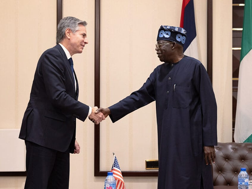 ABUJA, NIGERIA - JANUARY 23: (----EDITORIAL USE ONLY - MANDATORY CREDIT - 'CHUCK KENNEDY / DEPARTMENT OF STATE / HANDOUT' - NO MARKETING NO ADVERTISING CAMPAIGNS - DISTRIBUTED AS A SERVICE TO CLIENTS----) US Secretary of State Antony Blinken (L) meets with Nigerian President Bola Ahmed Tinubu (R) in Abuja, …