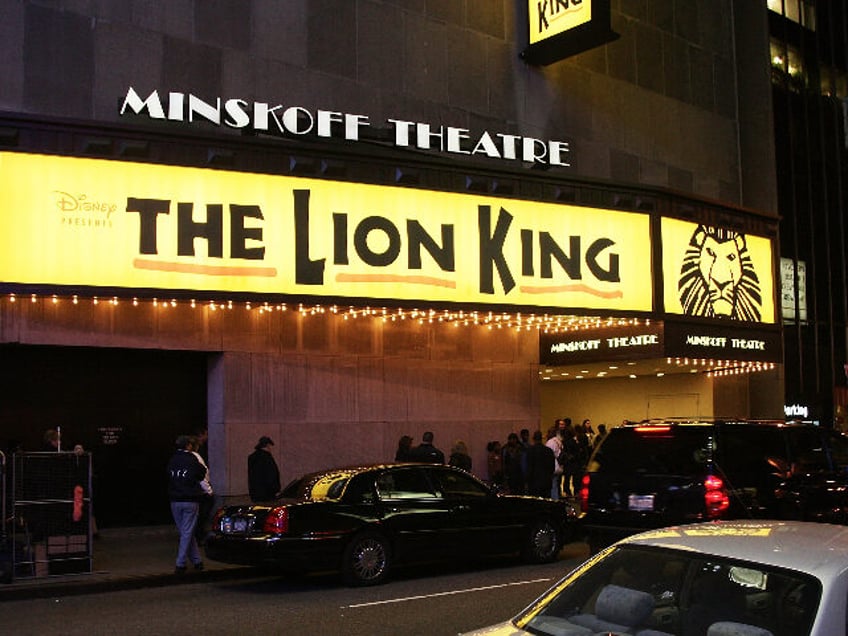 NEW YORK - OCTOBER 03: The Minskoff theatre advertises "The Lion King" on west 44th street between Broadway and Eighth avenue prior to the dimming of their marquee lights in honor of actor Paul Newman on October 03, 2008 in New York City. (Photo by Stephen Lovekin/Getty Images)